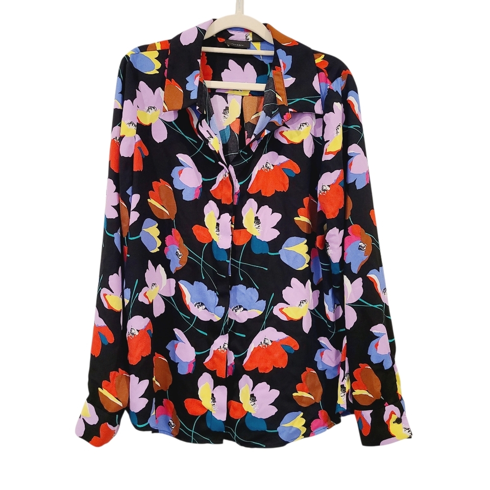 Halogen Bright Floral Oversized Long Sleeve Button Up Blouse